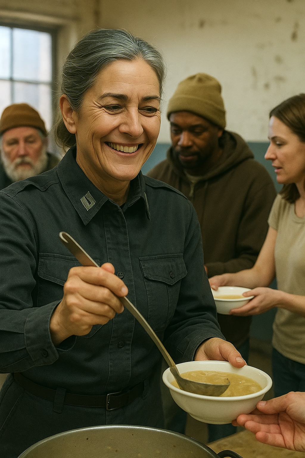 Close-up staged photo of Isabella Jean serving soup
