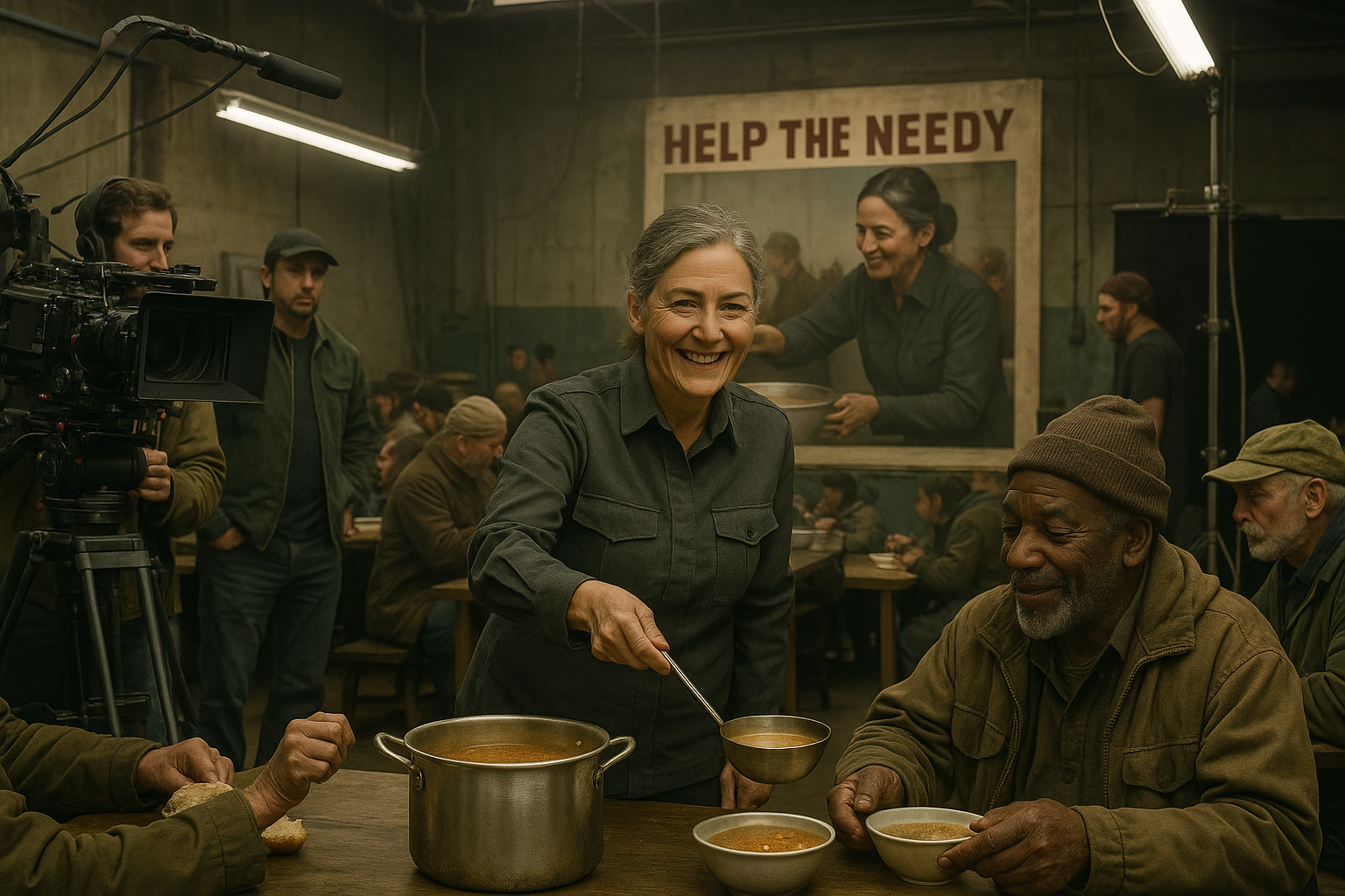 Wide angle showing film crew, lighting equipment, and staged set